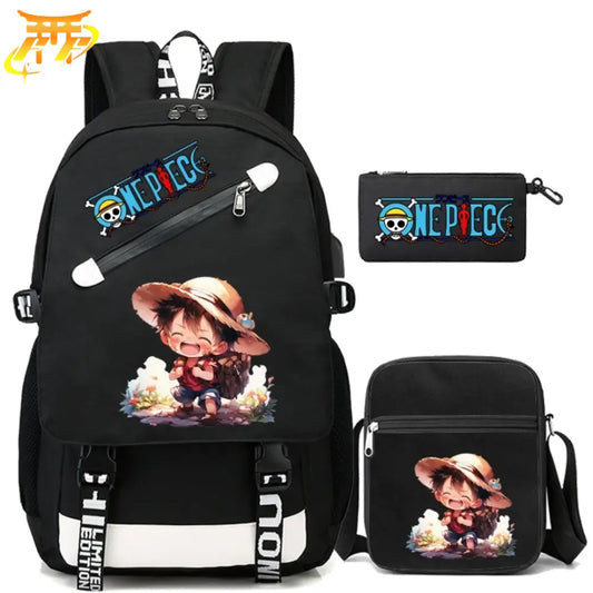 Luffy Kawaii Rucksack mit Federmäppchen und Tasche - One