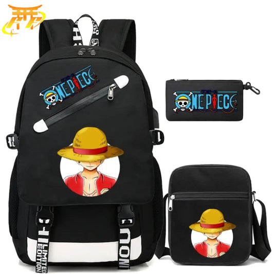 Luffy Strohhut Rucksack mit Federmäppchen und Tasche - One